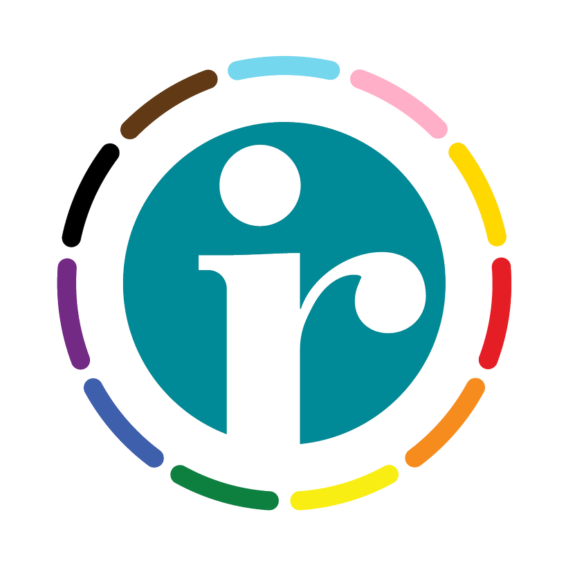 An unaltered IR teal logo surrounded by a rainbow which colours reflect those in the 'progressive pride flag' which includes representation of marginalised groups in the LGBTTQIA+ community. The colours symbolise life (red), healing (orange), new ideas (yellow), prosperity (green), serenity (blue), spirit (violet), people of colour (black and brown), the trans community (white, blue, and pink).