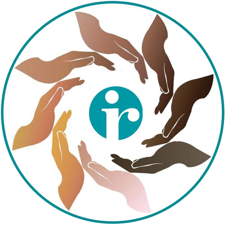 An unaltered IR teal logo surrounded by 8 hands in a circle representing different cultures. 