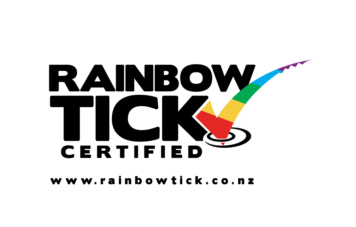 The Rainbow Tick logo with black text and a tick in rainbow on the right hand side. The logo reads ‘Rainbow Tick certified www.rainbowtick.co.nz’