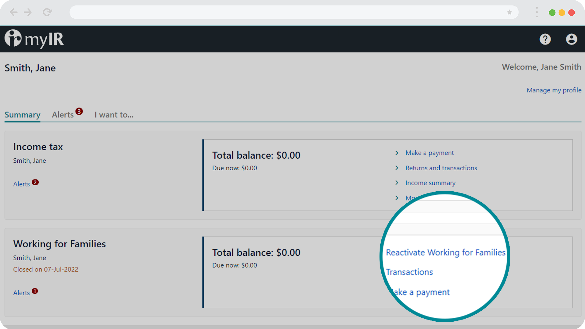 Reactivate Working for Families on the myIR home screen