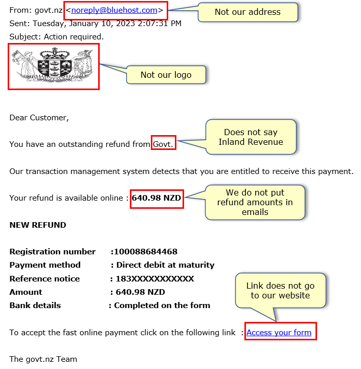 Shows example of email with false email address, false logo and false hyperlink. 