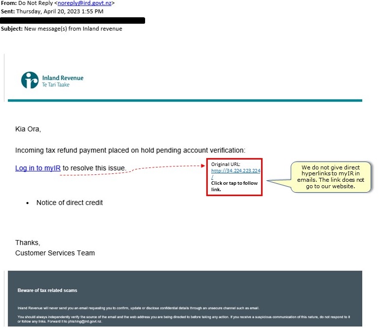Screenshot of a scam email with a false hyperlink.