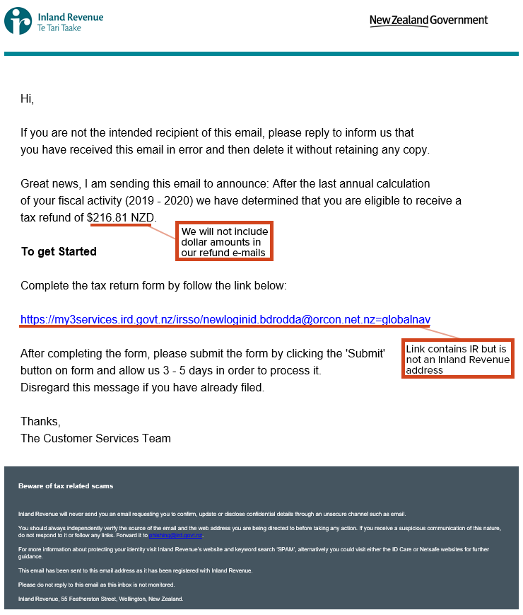 An example of the scam e-mail, with issues highlighted
