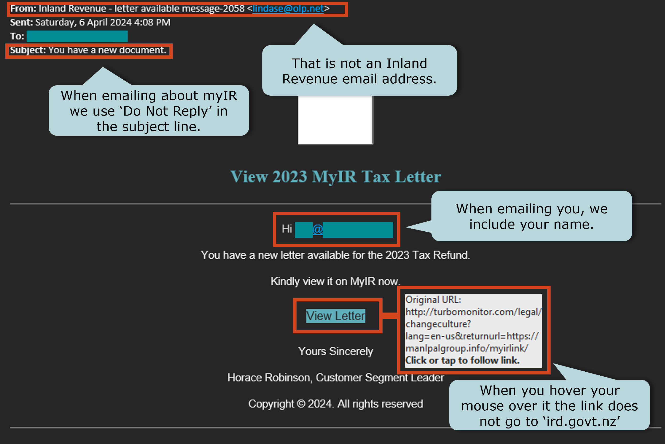 An email scam that is not from a Te Tari Taake Inland Revenue email.