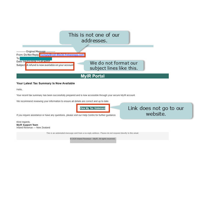 A screenshot of an example of an email scam. The wrong email, lack of a name and inclusion of a 'myIR' link are circled as proof it is a scam.