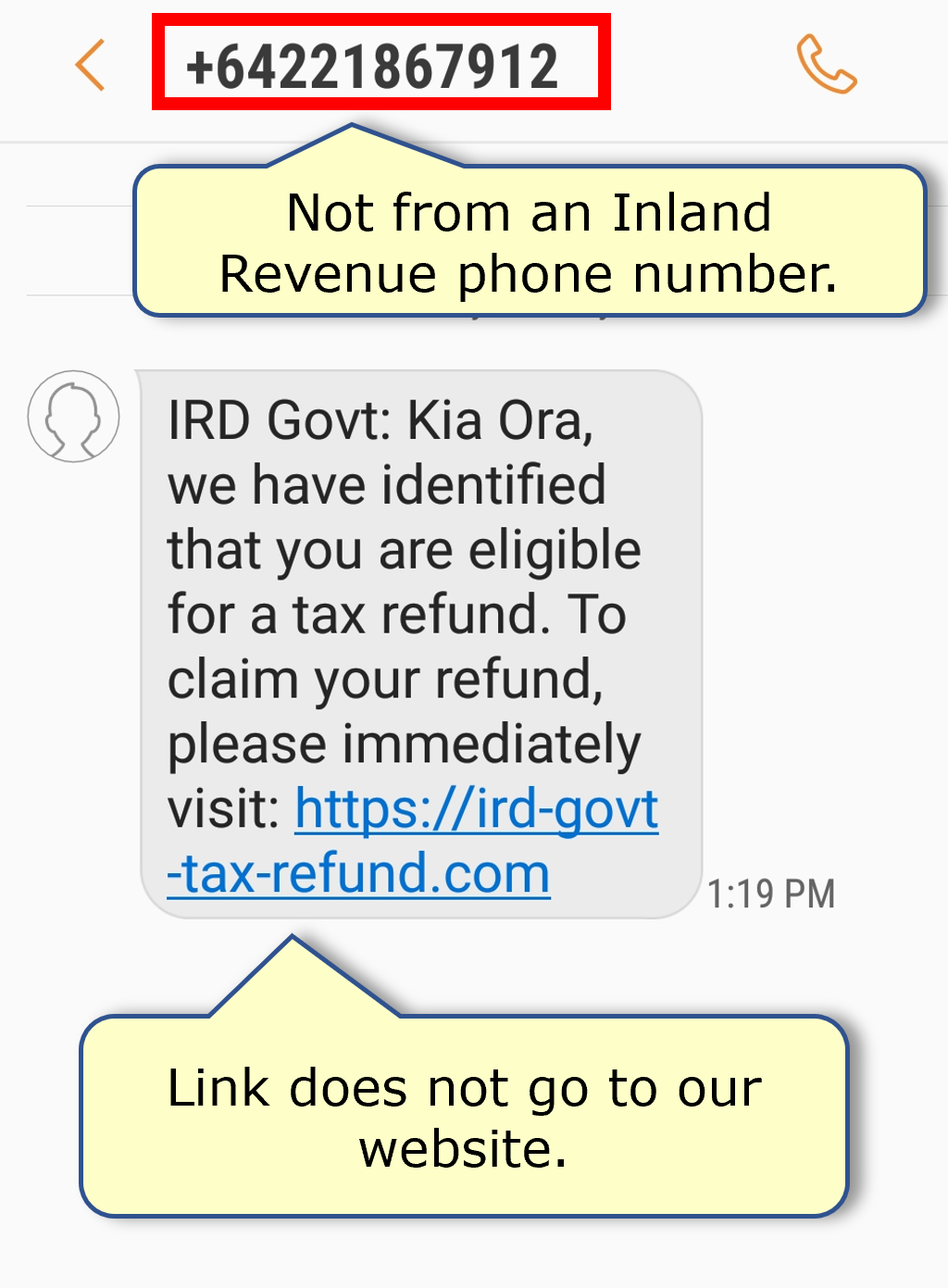 A text scam that is not from any of our numbers with a link that does not go to our website.