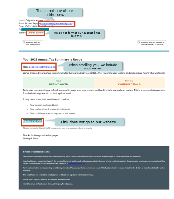 A screenshot of an example of an email scam. The wrong email, lack of a name and inclusion of a 'myIR' link are circled as proof it is a scam.
