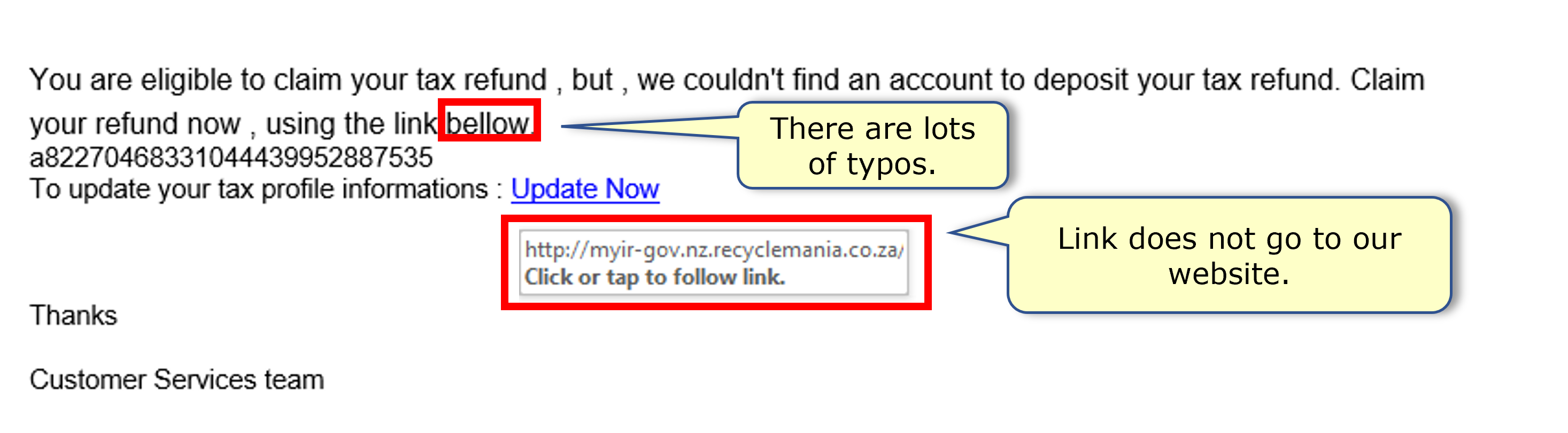 A scam email with spelling errors and a link to a South African website.