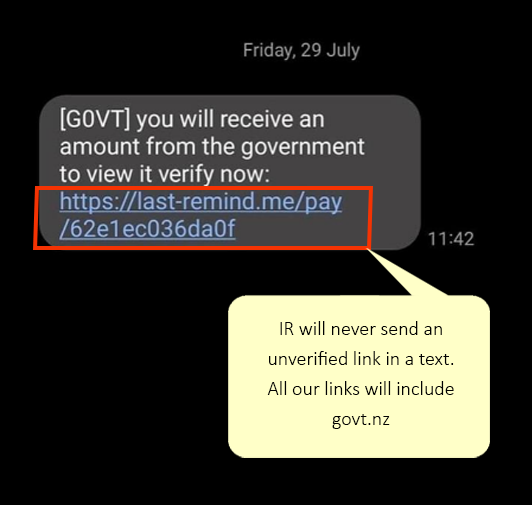 phone screen shot showing message reading 'govt you will receive an amount from the government to view it verify now'. Then a link that does not have govt.nz in it.