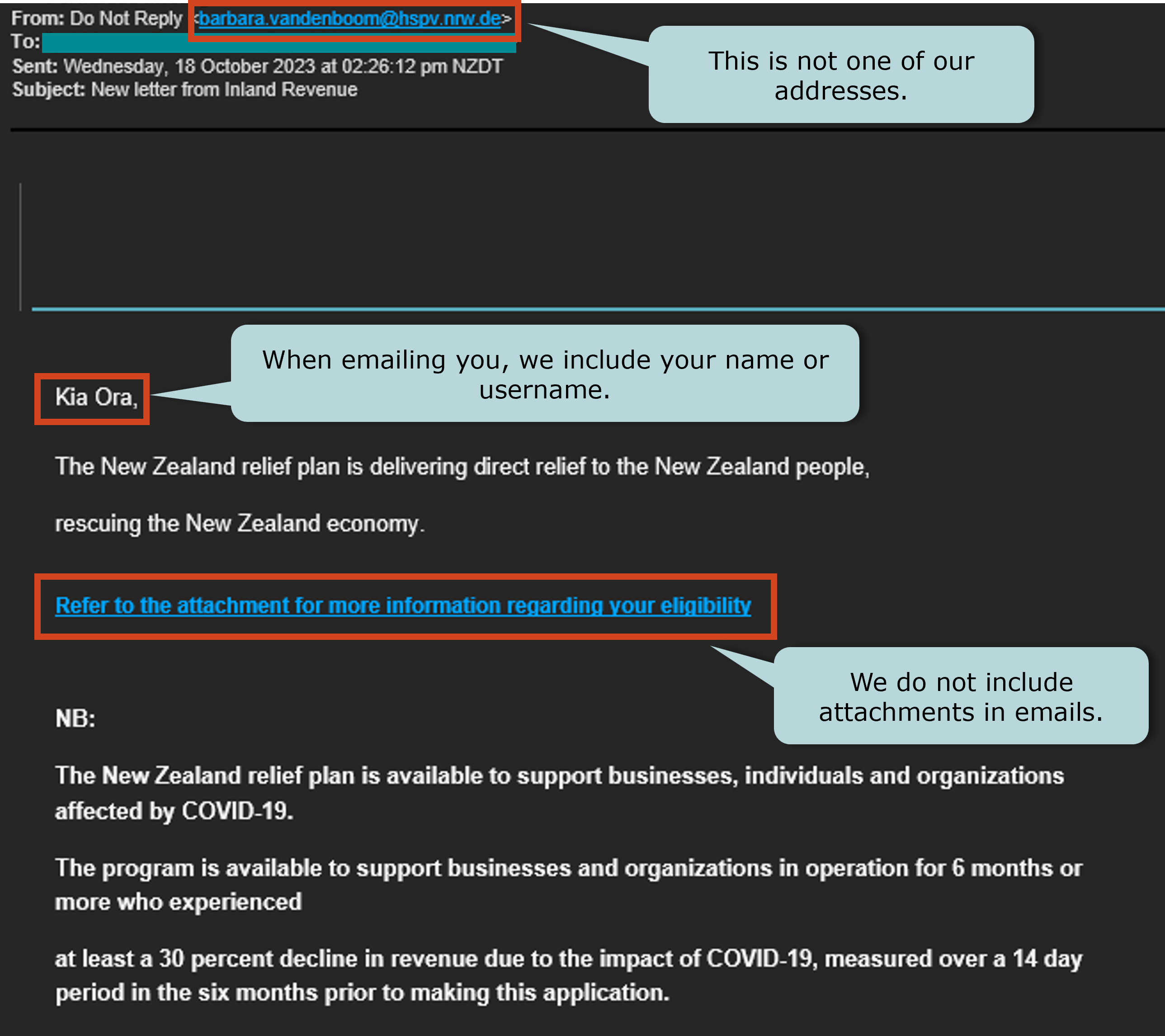 An email scam about COVID-19 that is not from a Te Tari Taake Inland Revenue email.