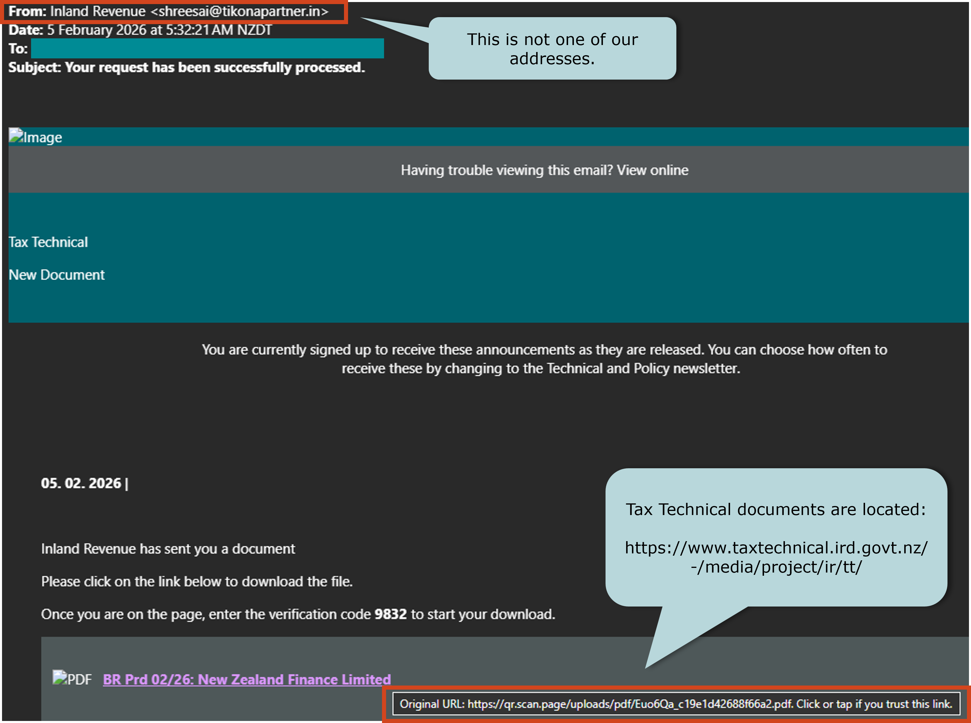 A screenshot of an example of an email scam. The wrong email and link that does not go to our website are circled as proof it is a scam.