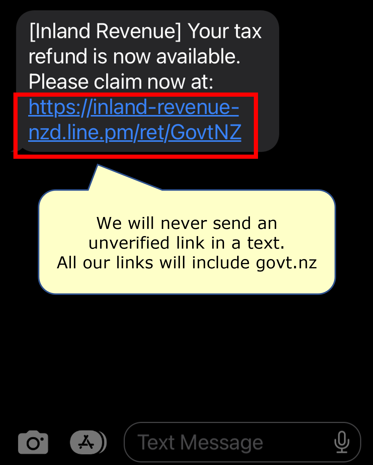 A screenshot of a text scam. The incorrect link has been outlined as proof.