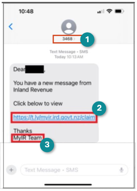 scam text SMS message with fake link to contact Inland Revenue