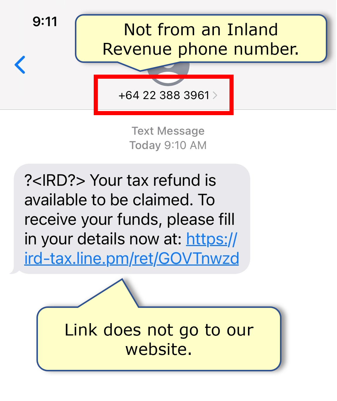 A text scam not from any of our numbers with a link that does not go to our website.