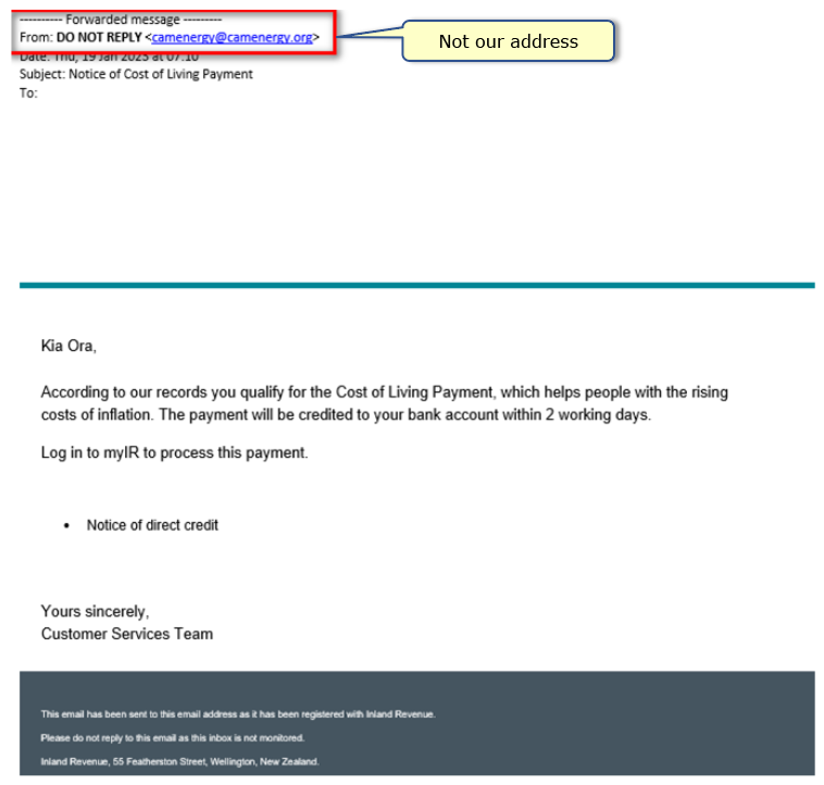 Shows example of Cost of Living Payment scam email with false sender's address