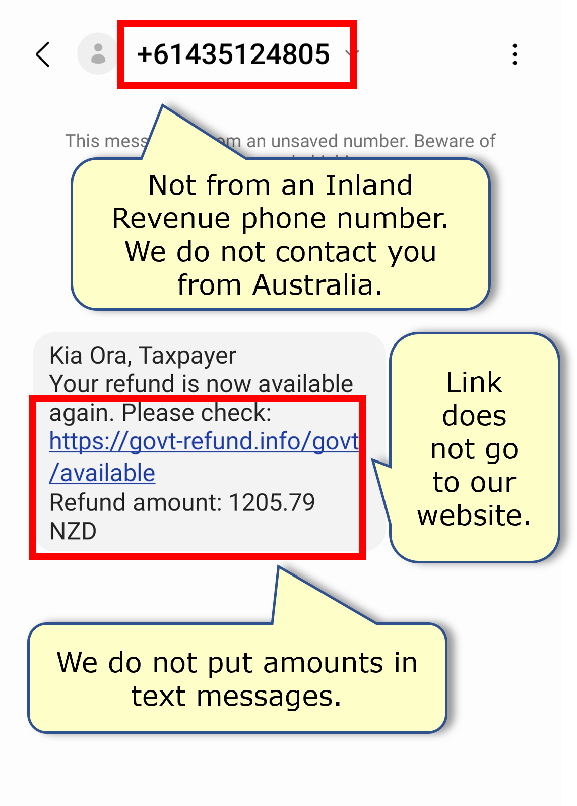 A scam text from an Australian +61 number that also shows the refund amount and goes to another website that is not ours. 